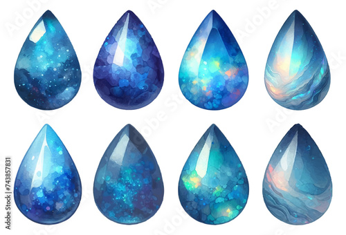Teardrop-shaped blue opal rhinestone watercolor illustration material set