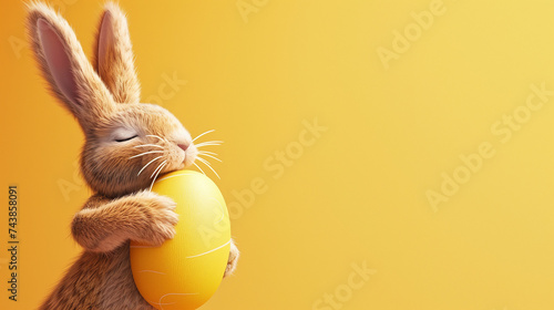 Bunny embracing yellow Easter egg on orange backgrou. Ai generated Image