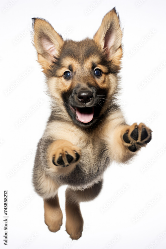 Adorable brown German Shepherd dog puppy jumping pose isolated on white background created with Generative AI Technology