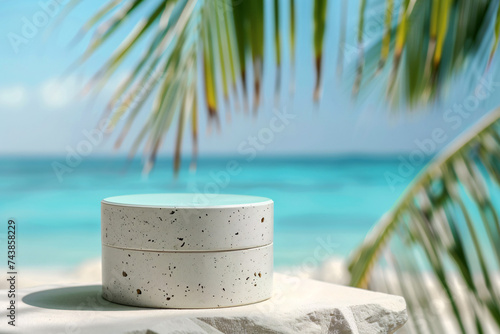 Summer product display on stone podium at sea tropic