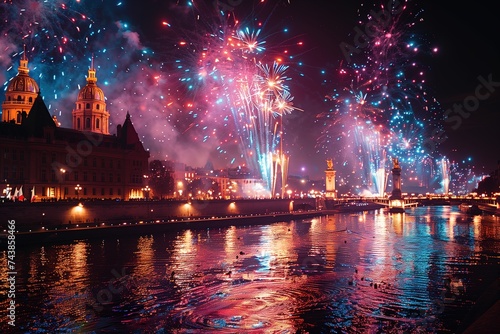 A stunning display of color and light as fireworks burst over a dark river, illuminating the night sky and nearby buildings, marking the start of a new year