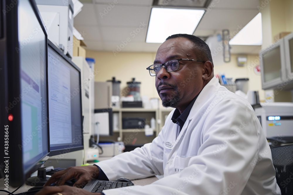African American pharmaceutical scientist using computer African American pharmaceutical scientist using computer