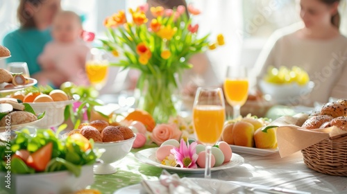Easter Brunch table, Family gathered around table with easter theme food