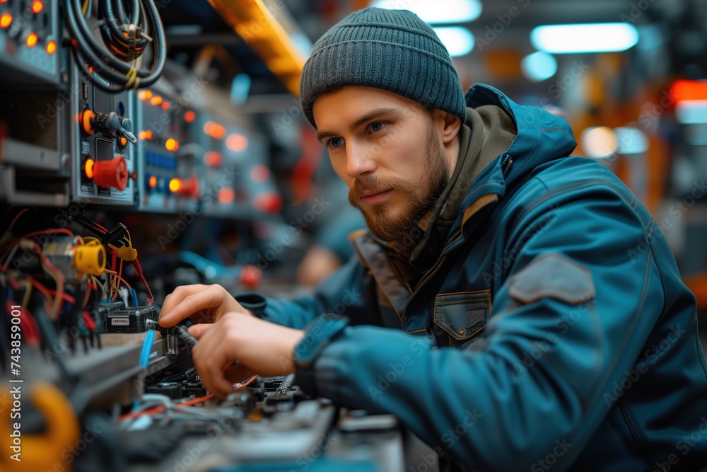 A determined technician clad in work clothes focuses intently on the intricate machine before him, his human face reflecting both concentration and skill as he works indoors on a bustling street A determined technician clad in work clothes focuses intently on the intricate machine before him, his human face reflecting both concentration and skill as he works indoors on a bustling street