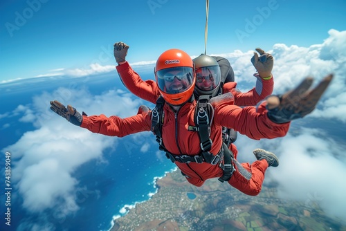 Two adventurous souls embrace the thrill of the sky as they soar through clouds, helmets secured, in tandem skydiving over a majestic mountain, their red parachutes billowing behind them photo