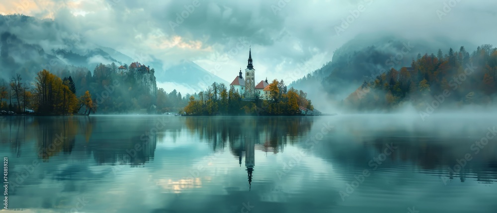 The tranquil beauty of Lake Bled, Slovenia, with its emerald-green waters cradling a tiny island crowned by a medieval church - obrazy, fototapety, plakaty 