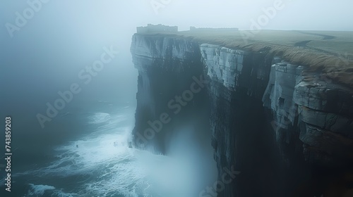 An ancient castle perched atop a rugged cliff, overlooking the crashing waves of the sea below, shrouded in mist and mystery