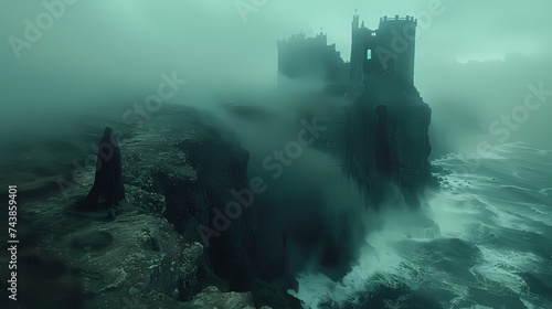 An ancient castle perched atop a rugged cliff, overlooking the crashing waves of the sea below, shrouded in mist and mystery © harta hun yar