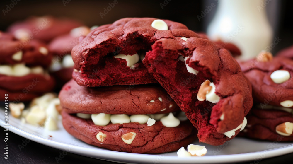 a stack of red velvet cake cookies with white chocolate chips and cream cheese with other cookies scattered in the background created with Generative AI Technology