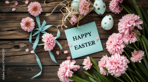 "HAPPY EASTER" card with flower on wooden background