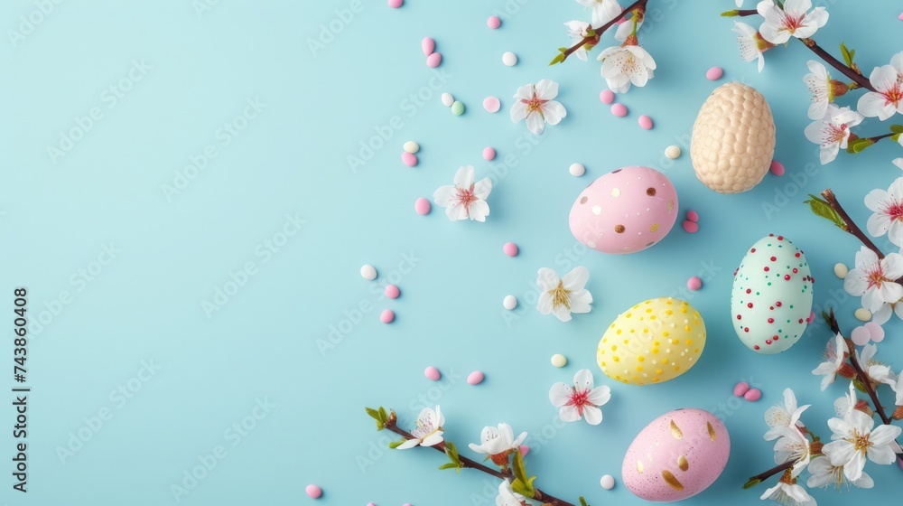 Easter egg chocolate with Colorful flower on blue background, copy space