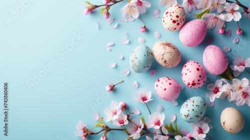 Easter egg with Colorful flower on blue background  copy space