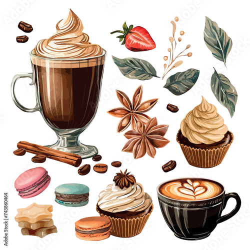 Vector latte and cappuccino coffee and cupcake element collection with fruits and sweets