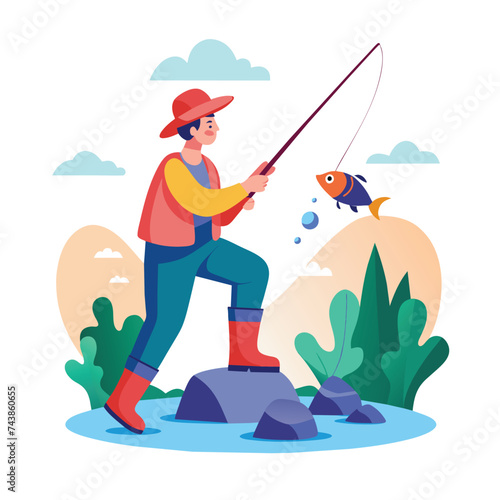 Flat Illustration Vector Of Someone Fishing