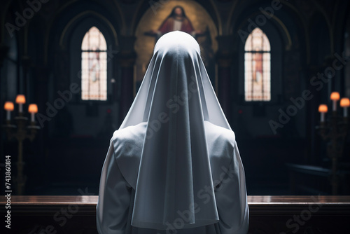 Illustration of a beautiful nun in church created with generative AI