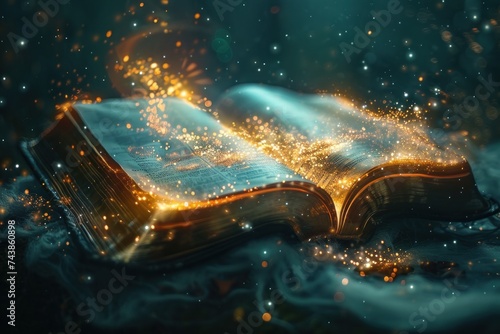 An open book emits a glowing light from its pages, illuminating its surroundings. The light appears mystical and enchanting, drawing attention to the ancient tome photo