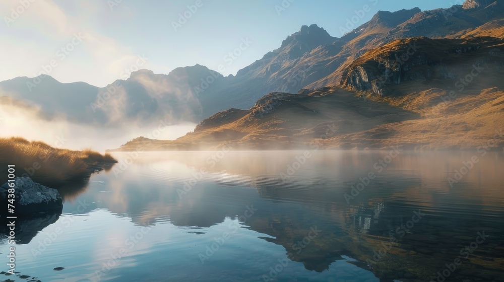 Serene mountain landscape at sunrise with mist rolling over the peaks and a clear, tranquil lake.