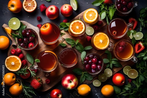 A top-view photograph of a variety of fruit-infused iced teas in clear glass mugs, surrounded by fresh fruits and herbs, presenting a visually stunning and hydrating selection for a summer gathering