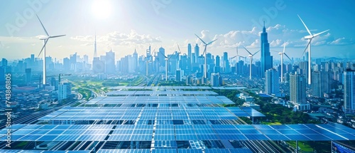 Blueprint style layout of future eco city with high speed rail, wind farms, solar roads, and smart grids ,copy-space photo
