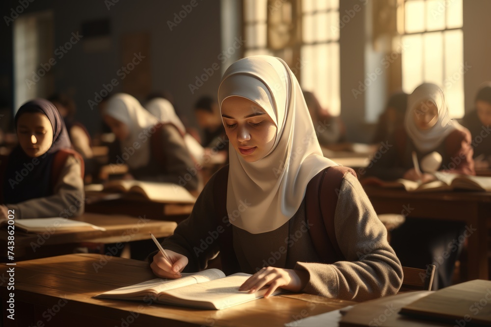 Group of Muslim girls and women with veils during a class at school during a sunny day with copy space. Concept of women progress and feminism in different cultures. Group of Muslim girls and women with veils during a class at school during a sunny day with copy space. Concept of women progress and feminism in different cultures.