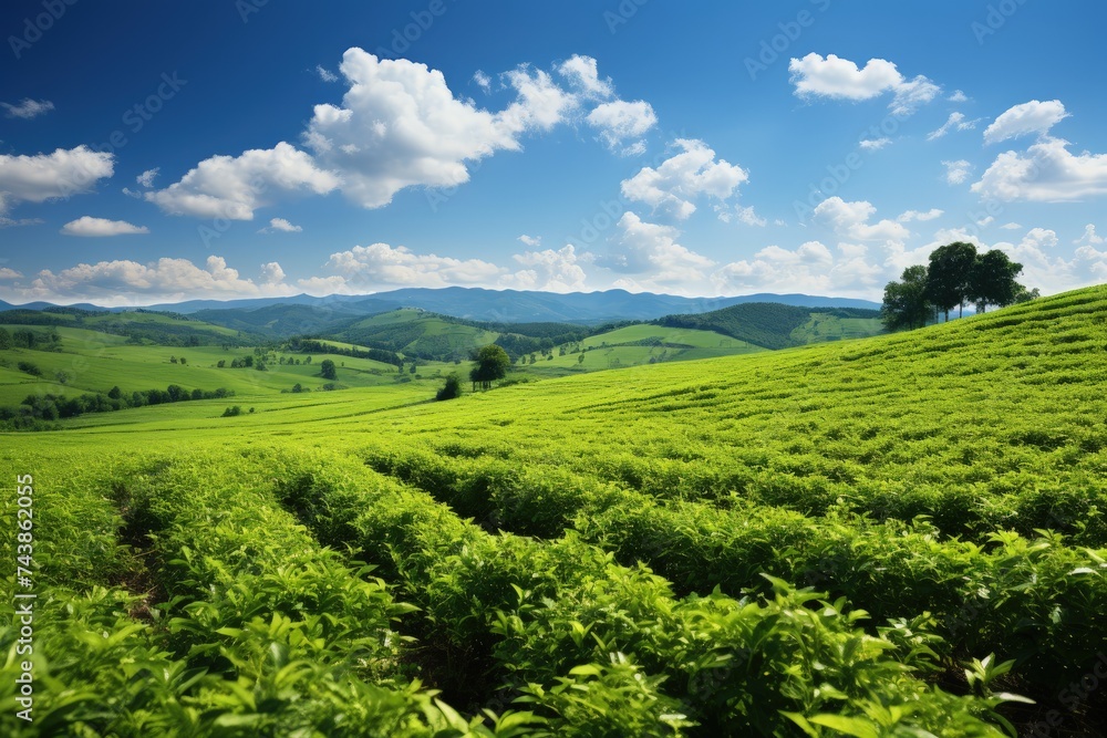 A vibrant hillside stretches out, blanketed in a lush sea of green grass under the clear blue sky