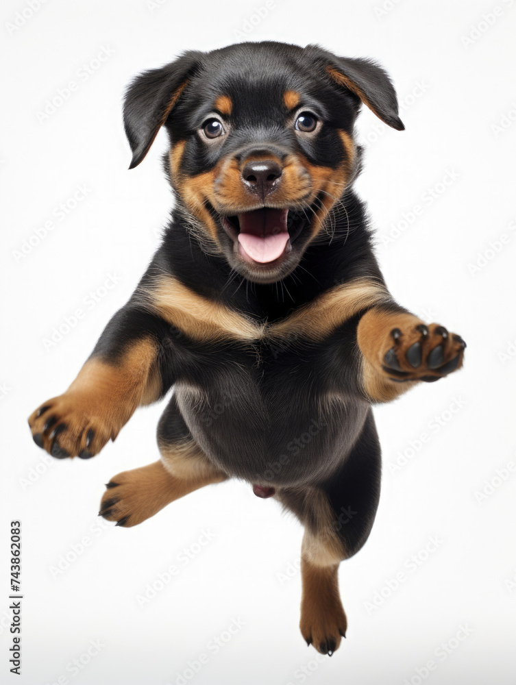Adorable black Rottweiler dog puppy jumping pose isolated on white background created with Generative AI Technology 