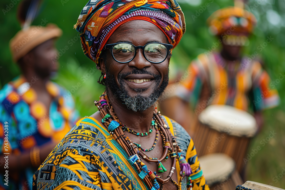 Obraz premium celebration with people wearing traditional attire, dancing, and playing music that reflects their heritage