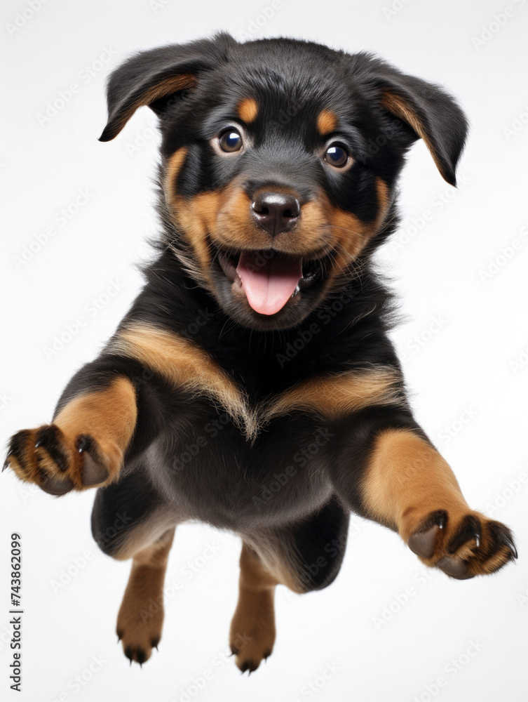 Adorable black Rottweiler dog puppy jumping pose isolated on white background Adorable black Rottweiler dog puppy jumping pose isolated on white background