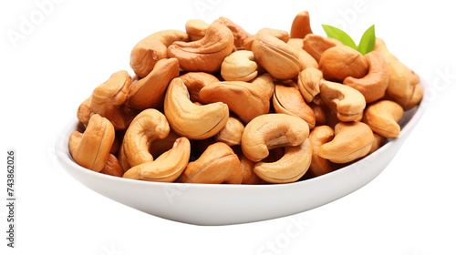 Pile of cashew nuts in bowl isolated on transparent background.