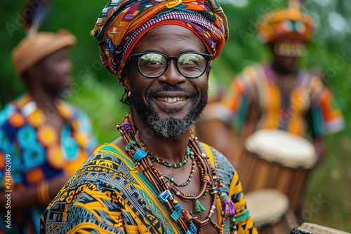 celebration with people wearing traditional attire, dancing, and playing music that reflects their heritage