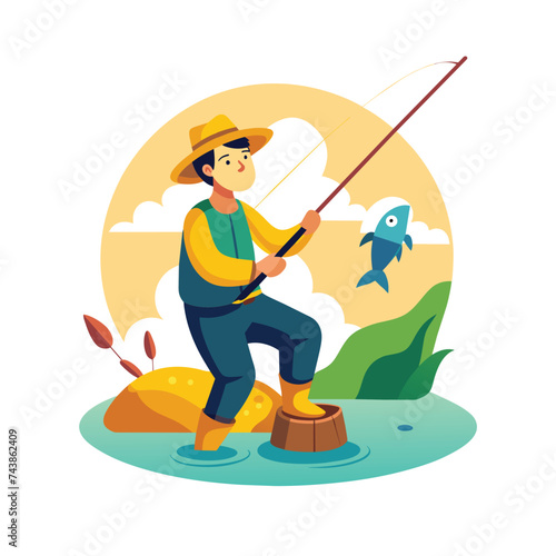 Flat Illustration Vector Of Someone Fishing