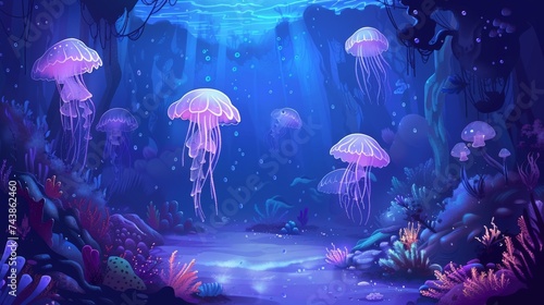 Underwater fantasy scene with glowing jellyfish and coral reefs.