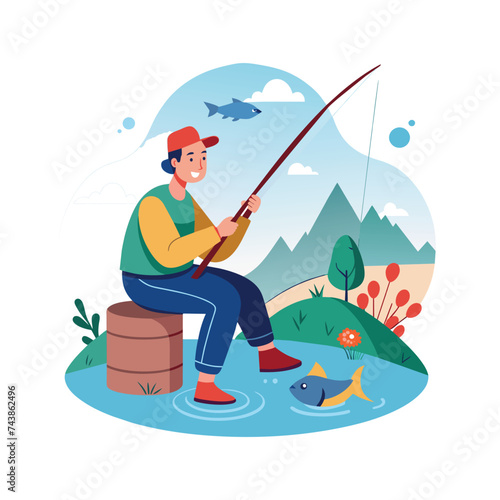 Flat Illustration Vector Of Someone Fishing