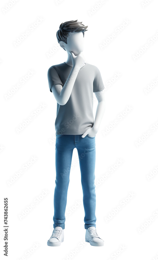 3d style cartoon boy character standing and thinks over a decision or the right choice , isolated on white. Transparent PNG 3d style cartoon boy character standing and thinks over a decision or the right choice , isolated on white. Transparent PNG