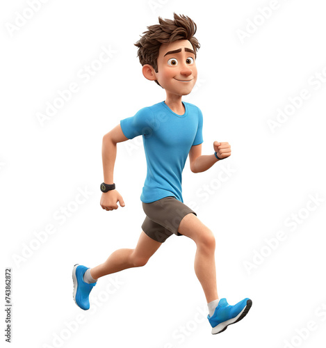 3d style cartoon sporty running man character in sport wear, isolated on white.  Transparent PNG