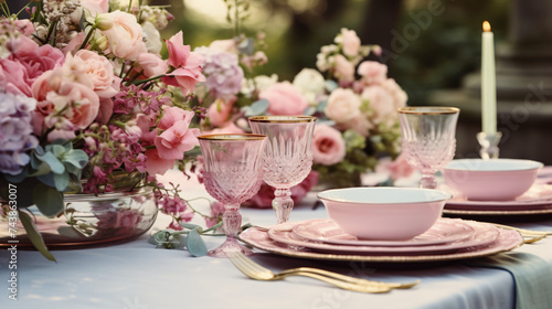 Beautiful table setting with crockery and flowers.