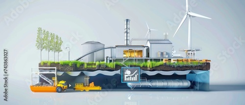 Infographic elements regarding sustainable power, biomass plant, tidal wave generator and zero emission house ,copy-space