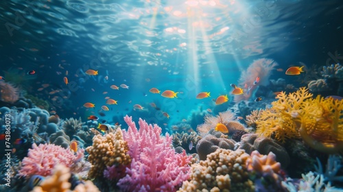 Vibrant underwater coral reef with colorful fish and sunlight. © furyon