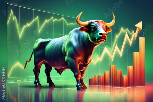 Stock market bull market trading Up trend of graph green background rising price Generative AI