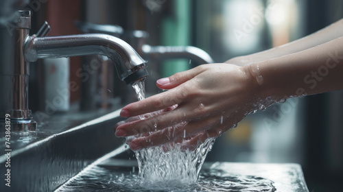 Woman's hands using soap and washing both hands under water tap for hand detail Cleanliness concept created with Generative AI Technology 