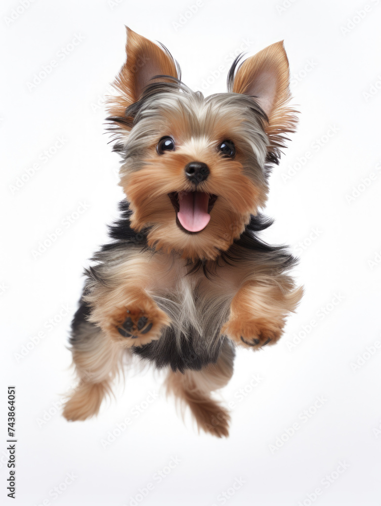 Adorable Yorkshire Terrier dog puppy jumping pose isolated on white background Adorable Yorkshire Terrier dog puppy jumping pose isolated on white background