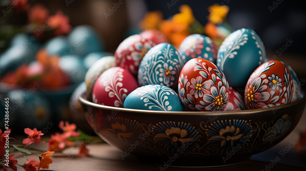 Fototapeta premium Multicolored Easter Eggs on a wooden plate.