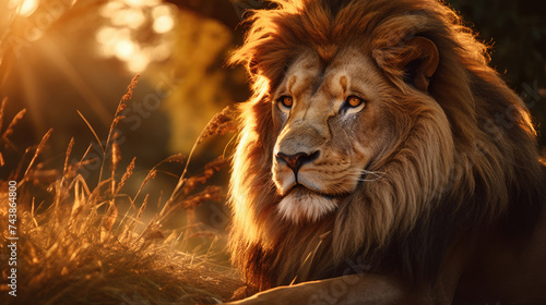 The big male Lion king is resting on the grass majestically as the sun sets with golden light on the African grassland created with Generative AI Technology 