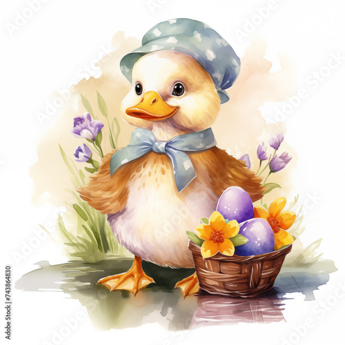 Easter watercolor illustration with cute duckling in clothing sitting in a meadow with a basket of colored eggs