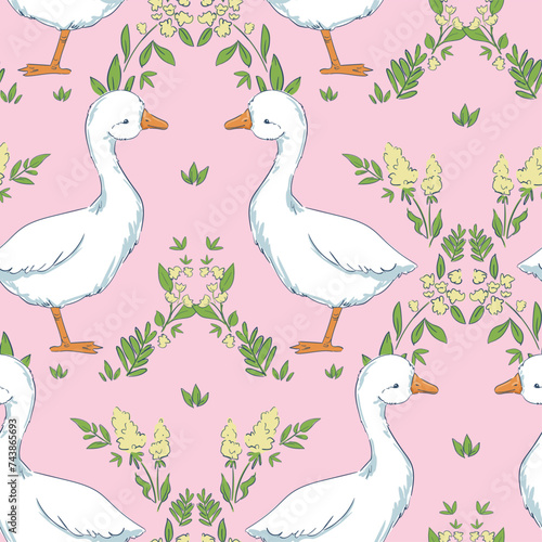 Seamless pattern hand drawn cute goose and leaves vector illustration. Print design for textiles © Alsu Art