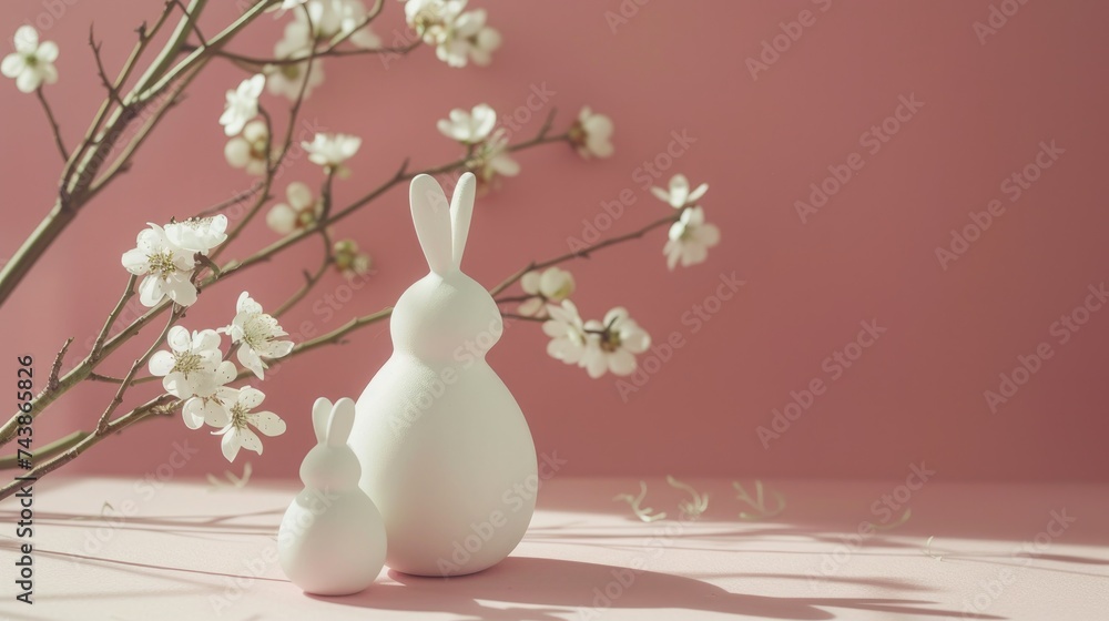 Minimalist Easter, Simple Easter decoration with rabbit sculptor and flower