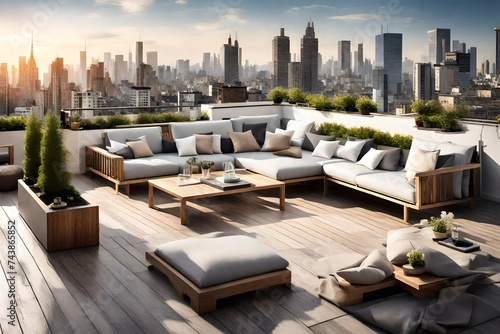 A simple  yet stylish rooftop terrace with modern outdoor furniture and a panoramic city view