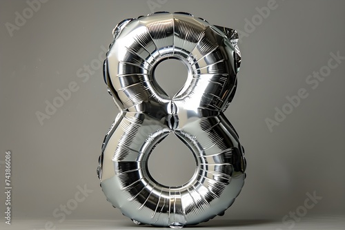 Balloon in the shape of the number eight on silver background. Concept celebration, balloon, number eight, silver background