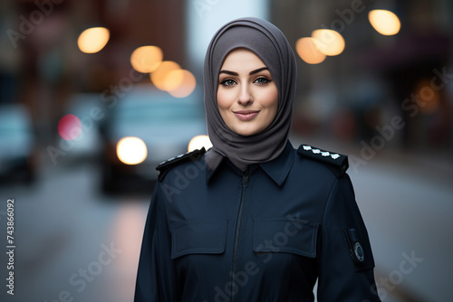 Generative ai collage image of woman policeman muslim in hijab looking on megapolis