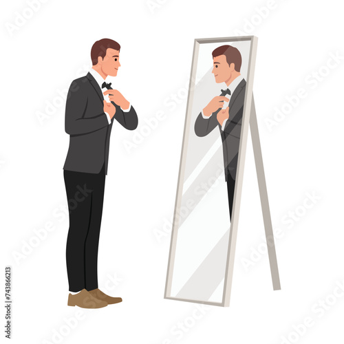 Smiling businessman putting on necktie while looking in the mirror and standing. Flat vector illustration isolated on white background